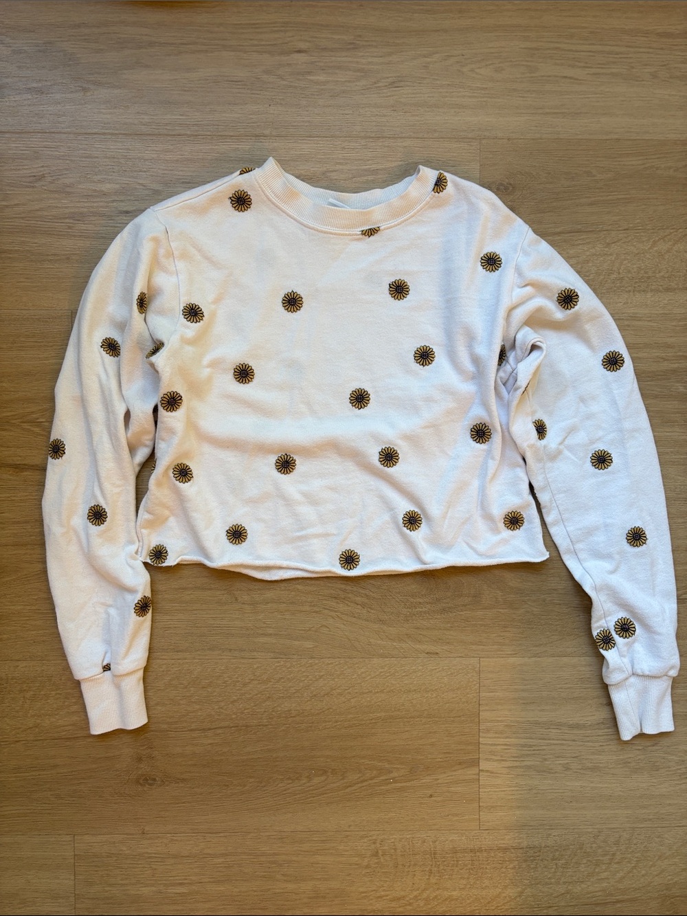 Mighty Fine Cream Cropped Sweatshirt with Gold Sunflower Embroideries